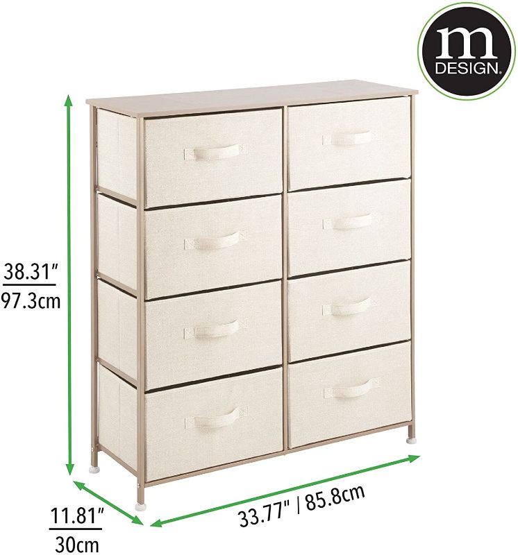 Photo 1 of *previously opened*
*MISSING manual*
mDesign Storage Dresser Furniture Unit - Tall Standing Organizer for Bedroom, Office, Living Room, and Closet - 8 Slim Drawer Removable Fabric Bins - Cream/Gold
