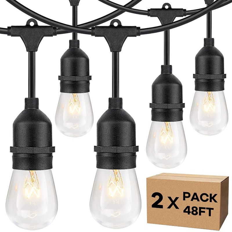 Photo 1 of 2-Pack 96FT Outdoor String Lights with Dimmable 11W Edison Vintage Bulbs, Waterproof Commercial Grade Patio Hanging Lights for Cafe Pergola Backyard Bistro Wedding, 2700K Warm White, Black 48FT/String
