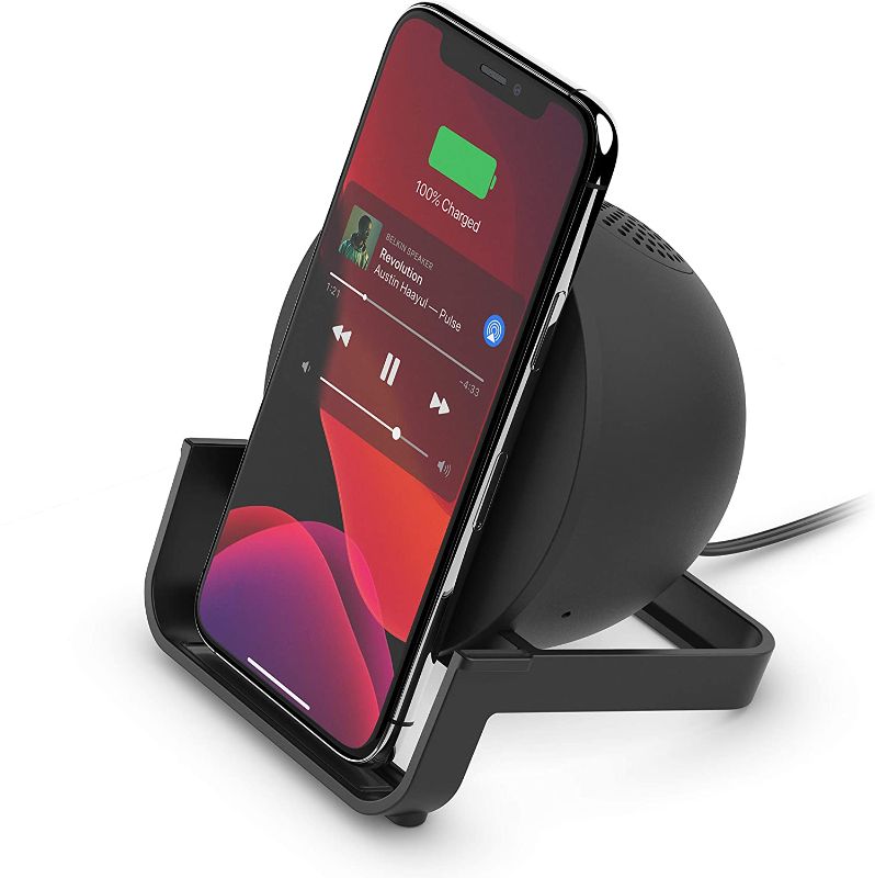 Photo 1 of Belkin Wireless Charging Speaker (Wireless Charging Stand + Bluetooth Speaker Charger) Charge While Listening to Music, Streaming Videos, Video Calls, Black, 10W Stand + Speaker
