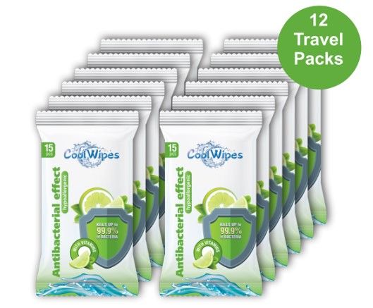 Photo 1 of 12 Travel packs CoolWipes Sanitizing Wipes with vitamins A, E, C and D-panthenol | Sanitizing Antibacterial Moisturizing & Hypoallergenic Tissues for Hands & Full Body Cleaning Pack | 180 pcs total EXPIRES OCTOBER 24  2022
