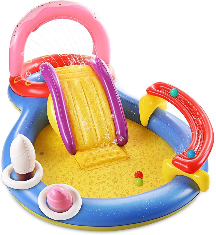 Photo 1 of Inflatable Play Center, Hesung 115" X 70" X 44" Full-Sized Kiddie Pool with Slide, Fountain Arch, Ball Roller for Toddler, Kids, Thick Wear-Resistant Big Above Ground, Garden Backyard Water Park
