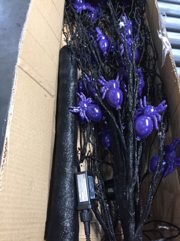 Photo 2 of TURNMEON 6 Feet Lighted Halloween Tree 96 LED Purple 24 Spiders Ornaments Timer, Black Spooky Dead Tree Lights Scary Halloween Decorations Outdoor Indoor Home Party Yard (4 X Ground Stakes, Adapter)
