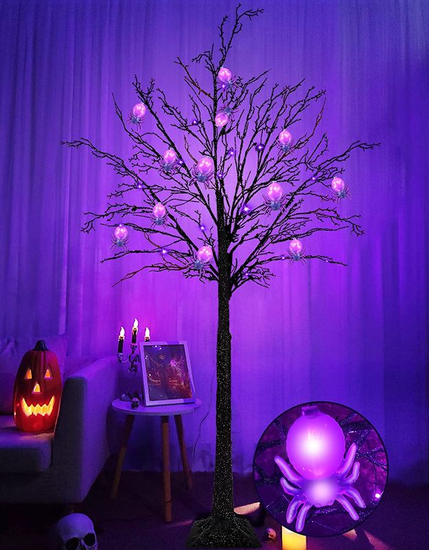 Photo 1 of TURNMEON 6 Feet Lighted Halloween Tree 96 LED Purple 24 Spiders Ornaments Timer, Black Spooky Dead Tree Lights Scary Halloween Decorations Outdoor Indoor Home Party Yard (4 X Ground Stakes, Adapter)
