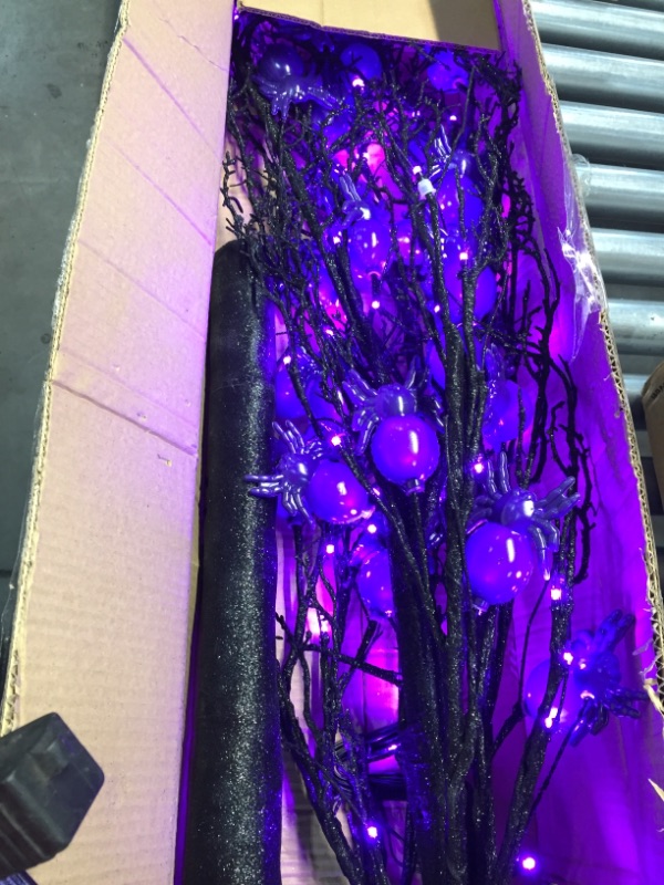 Photo 3 of TURNMEON 6 Feet Lighted Halloween Tree 96 LED Purple 24 Spiders Ornaments Timer, Black Spooky Dead Tree Lights Scary Halloween Decorations Outdoor Indoor Home Party Yard (4 X Ground Stakes, Adapter)
