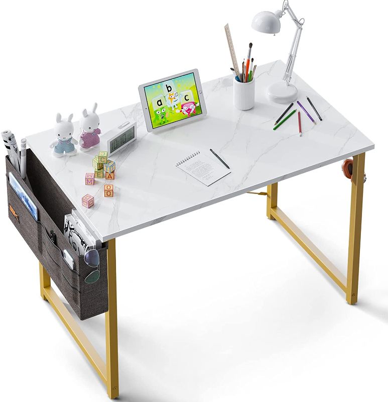 Photo 1 of ODK Computer Writing Desk 31 inch, Sturdy Home Office Table, Work Desk with A Storage Bag and Headphone Hook, White Marble + Gold Leg
