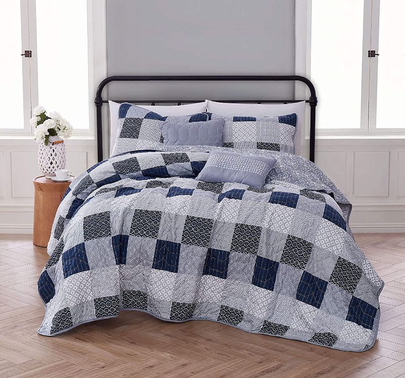 Photo 1 of Avondale Manor Evangeline 5 pc Reversible Printed Patchwork Quilt with Throw Pillows Bedding Set, King, Dark Blue
