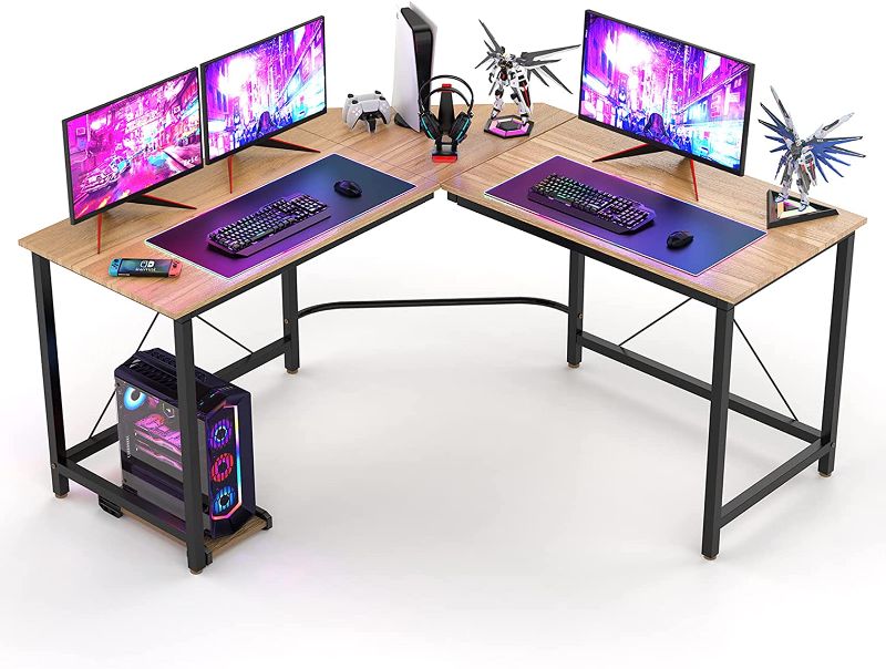 Photo 1 of *HARDWARE MISSING* Shaped Desk Computer Corner Desk, L-Shaped Gaming Desk, Large Home Office Desk Sturdy Writing Desk Writing Workstation, Simple Modern Gaming Table Desk, Oak
