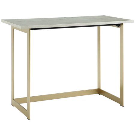 Photo 1 of 42 Inch Faux Marble Desk with White Top and Gold Base - White
