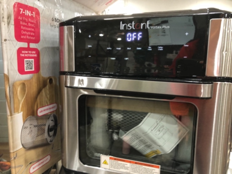 Photo 3 of **USED**, SCRATCHES ON TOP SIDE OF OVEN**
Instant Vortex Plus 10 Quart Air Fryer, Rotisserie and Convection Oven, Air Fry, Roast, Bake, Dehydrate and Warm, 1500W, Stainless Steel and Black
