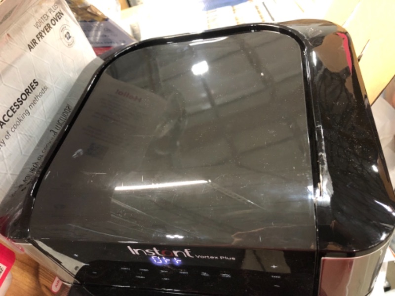 Photo 4 of **USED**, SCRATCHES ON TOP SIDE OF OVEN**
Instant Vortex Plus 10 Quart Air Fryer, Rotisserie and Convection Oven, Air Fry, Roast, Bake, Dehydrate and Warm, 1500W, Stainless Steel and Black
