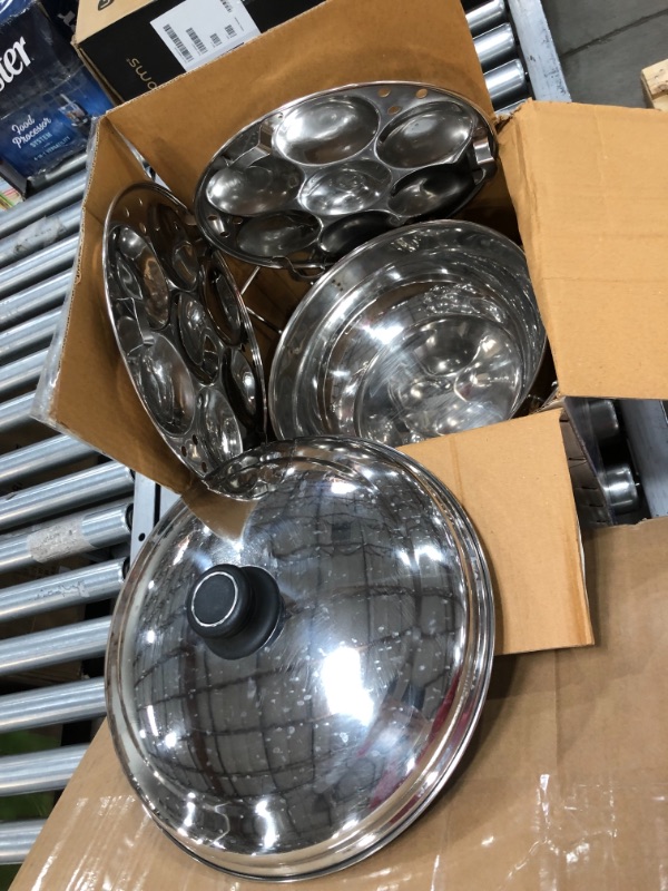 Photo 2 of **USED**
Vinod Stainless Steel 6 pcs Multi Kadai (Induction Friendly) with Stainless Steel lid, 2 idli Plates, 2 dhokla Plates and 1 patra Plate
