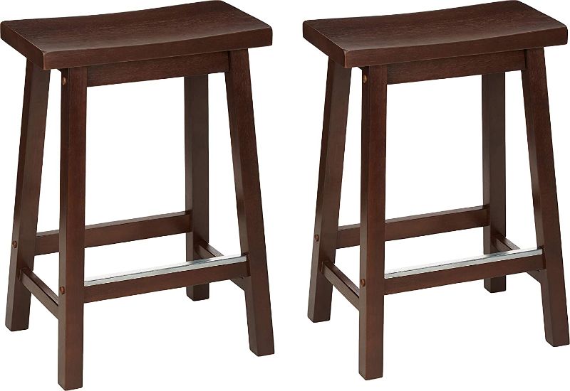 Photo 1 of **USED***WOOD HAS MINOR SCRATCHES**
Amazon Basics Solid Wood Saddle-Seat Kitchen Counter-Height Stool - Set of 2, 24" Counter Stool, Walnut Finish
