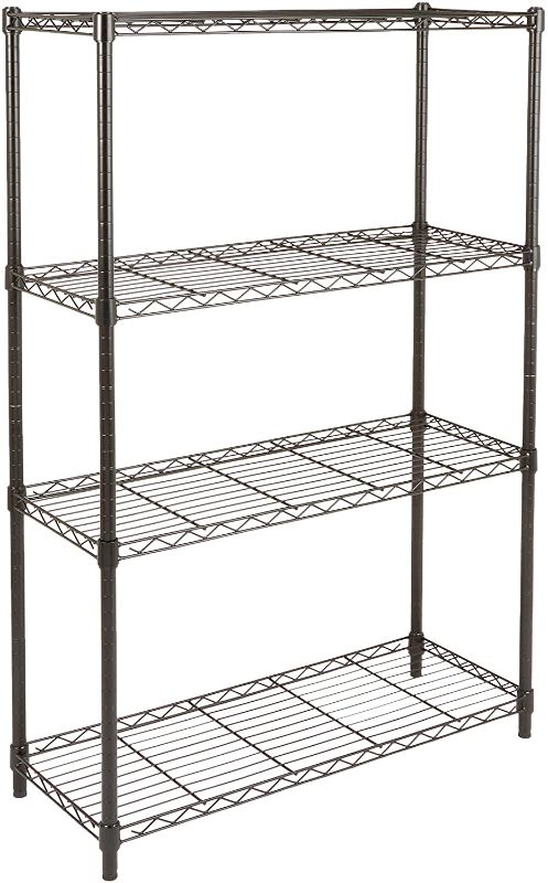 Photo 1 of **USED, MISSING SHELF*** MISSING COMPONENTS**
Amazon Basics 4-Shelf Adjustable, Heavy Duty Storage Shelving Unit (350 lbs loading capacity per shelf), Steel Organizer Wire Rack, Black (36L x 14W x 54H)
