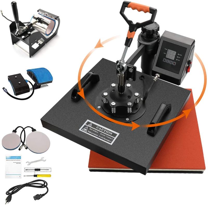 Photo 1 of Aonesy Heat Press Machine Pro 5 in 1 Heat Transfer Machine Digital Sublimation Heat Press Machine for T-Shirts Hat Mug Plate Cap Bottle with 360-Degree Swing Away Function (Orange, 15 x 15 Inch)


//item is nonfunctional//parts only//does not get hot