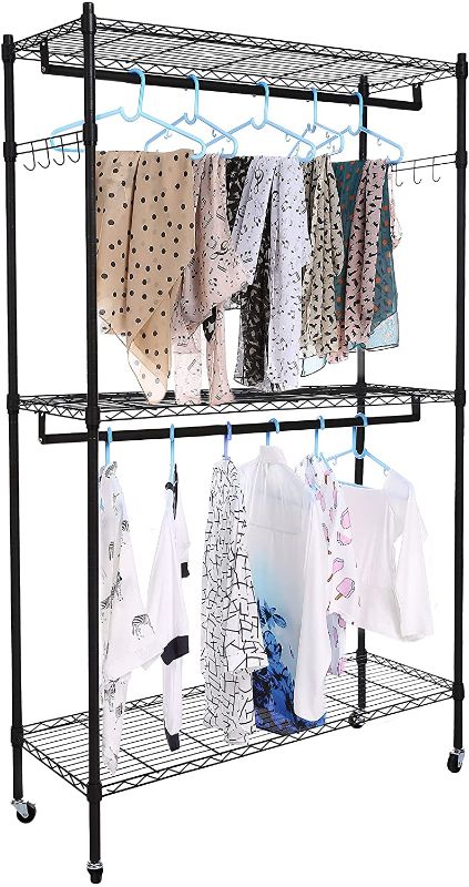 Photo 1 of Homdox Double Rod Closet 3 Shelves Wire Shelving Clothing Rolling Rack Heavy Duty Garment Rack with Wheels and Side Hooks
(Parts Only)