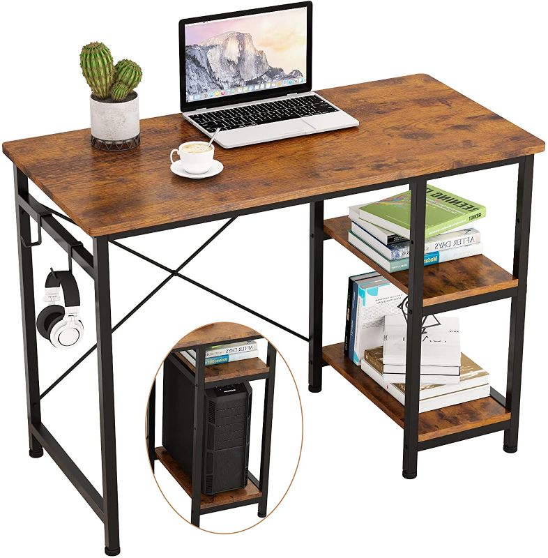 Photo 1 of Engriy Writing Computer Desk 39", Home Office Study Desk with 2 Hooks and Storage Shelves on Left or Right Side, Industrial Simple Workstation Wood Table Metal Frame for PC Laptop, Rustic Brown
