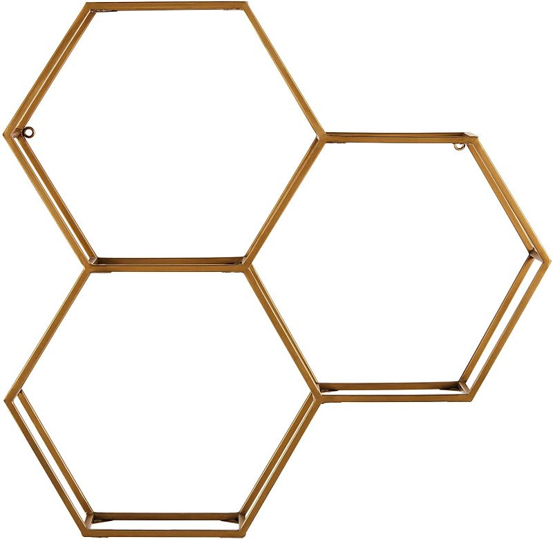 Photo 1 of Amazon Brand – Rivet Modern Hexagon Honeycomb Floating Wall Shelf Unit with Glass Shelves - 28 x 28 x 6 Inch, Gold
