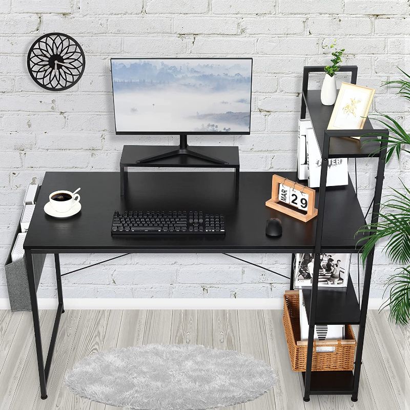 Photo 1 of Computer Desk with Storage Shelves 55 Inch, Reversible Study Writing Table with Adjustable Bookshelf?File Bag?Wood Monitor Stand for Home Office Workstation Black
