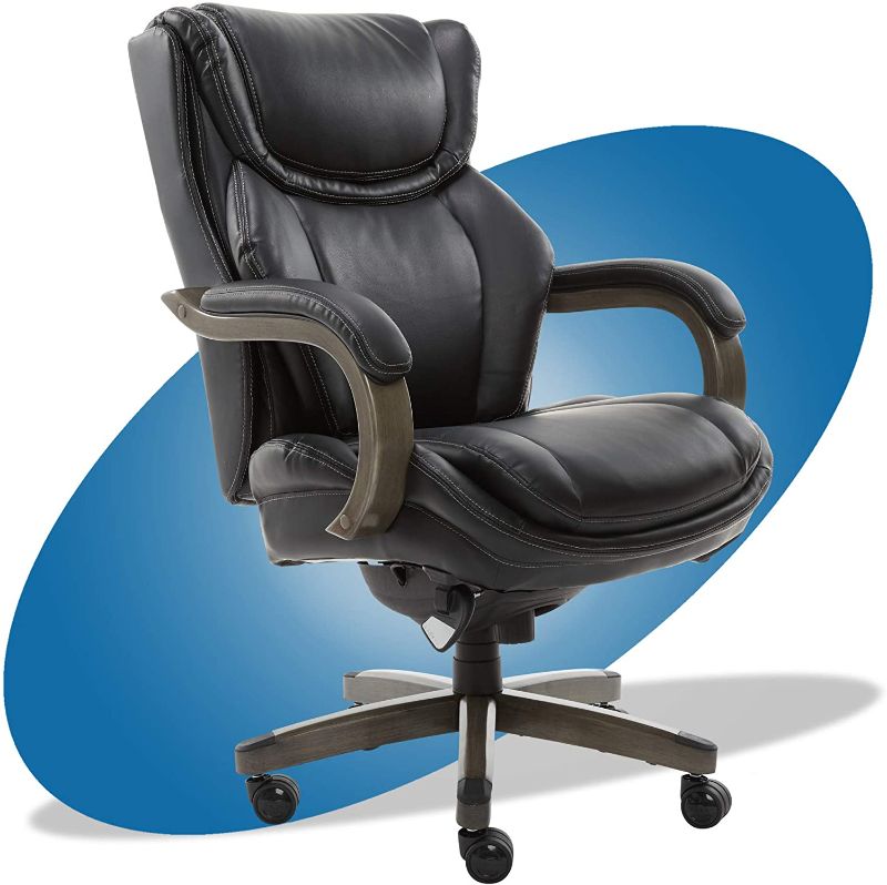 Photo 1 of LaZBoy Big & Tall Executive Office Comfort Core Cushions, Ergonomic High-Back Chair with Solid Wood Arms, Bonded Leather, Black
