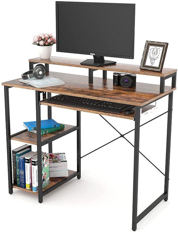 Photo 1 of TOPSKY Compact Computer Desk with Storage Shelves/24.5” Keyboard Tray/Monitor Stand Study Table for Home Office (38.6inch, Rustic Brown)
