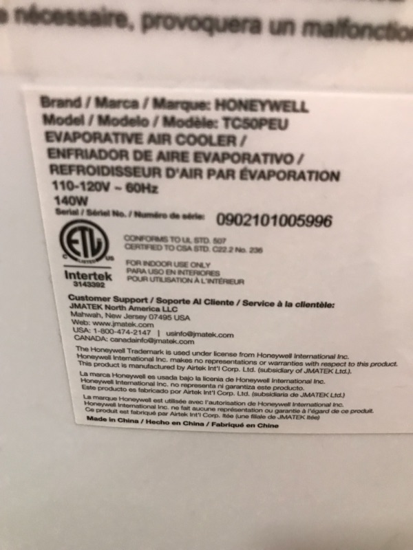 Photo 5 of Honeywell 588-647 CFM Portable Evaporative Tower Cooler with Fan, Humidifier & Remote, 53.6" TC50PEU, White