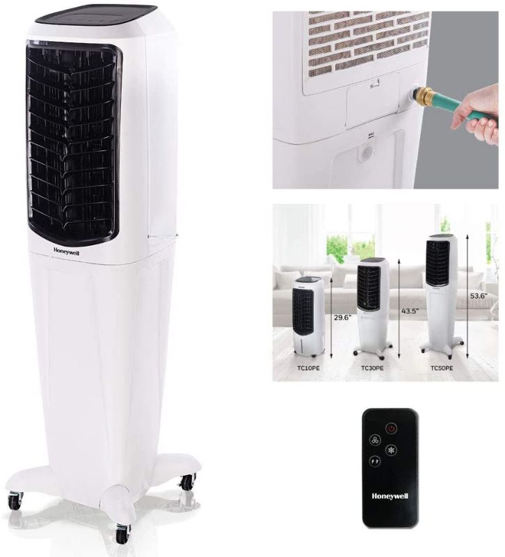 Photo 1 of Honeywell 588-647 CFM Portable Evaporative Tower Cooler with Fan, Humidifier & Remote, 53.6" TC50PEU, White