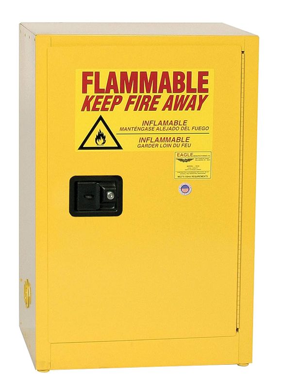 Photo 1 of 1925X Eagle Steel Flammable Liquid Storage Cabinet, Space Saver, 1 Shelf, 1 Manual Close Close Door Fire Cabinet for Gasoline Storage, 12 Gallons, 134 lbs. Max Weight, Yellow, 35" x 23.25" x 18"