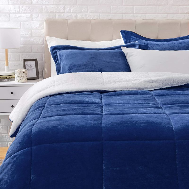 Photo 1 of Amazon Basics Ultra-Soft Micromink Sherpa Comforter Bed Set - Navy, Full/Queen