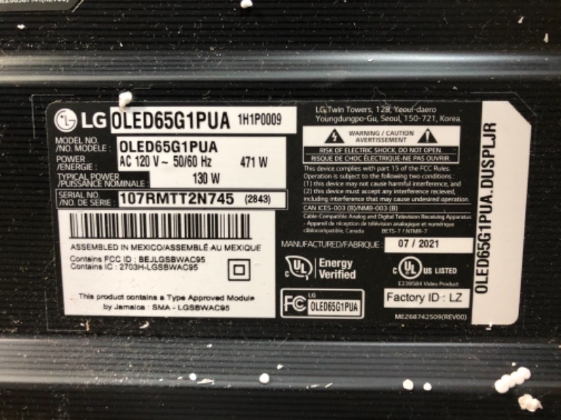 Photo 3 of Does not turn on -  DAMAGED TV - LG OLED65G1PUA Alexa Built-in G1 Series 65" Gallery Design 4K Smart OLED evo TV (2021)