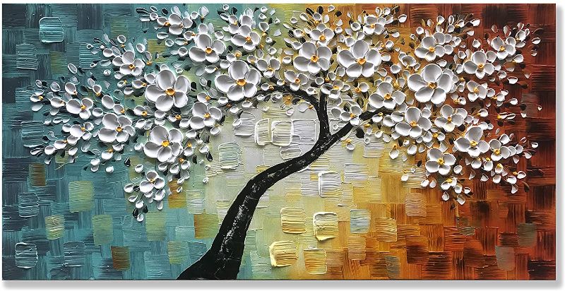 Photo 1 of Alenoss Hand Painted Abstract 3D Tree Oil Paintings 24x48 Inch Blooming Metal Golden Flower Artwork Large Modern Canvas Wall Art for Living Room Bedroom Decor Ready to Hang(AL-B34B)
