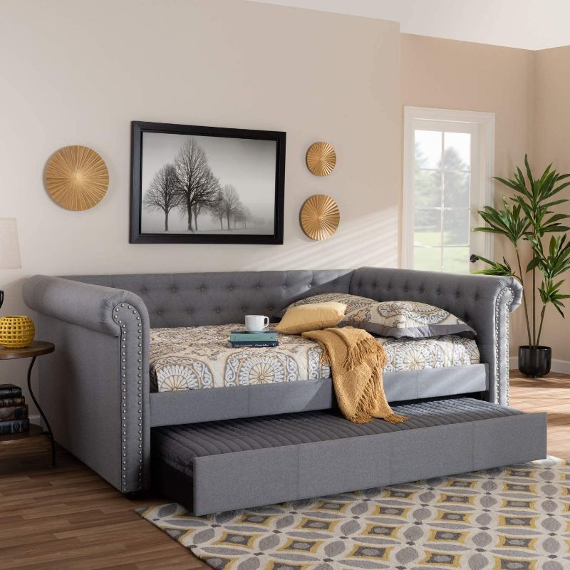 Photo 1 of Baxton Studio Mabelle Modern and Contemporary Gray Fabric Upholstered Full Size Daybed with Trundle
box cutter damage box 1 of 2