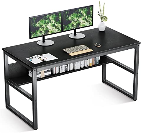 Photo 1 of Coleshome Computer Desk with Bookshelf, 47 inch Home Office Desk with Storage Shelf, Modern Simple Style Study Writing Desk Workstation, Black
