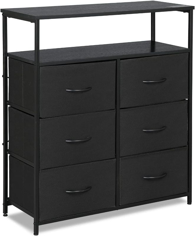 Photo 1 of AMISEN Fabric Dresser Chest with 6 Drawers, Drawer Chest with 2 Tier Wood Shelves, Tall Nightstand Functional Organizer Unit for Closets, Bedroom, Hallway, Black
