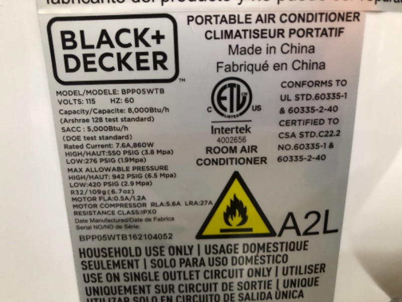 Photo 4 of DAMAGED
BLACK+DECKER BPP05WTB Portable Air Conditioner with Remote Control, 5,000 BTU SACC/CEC (8,000 BTU ASHRAE), White
