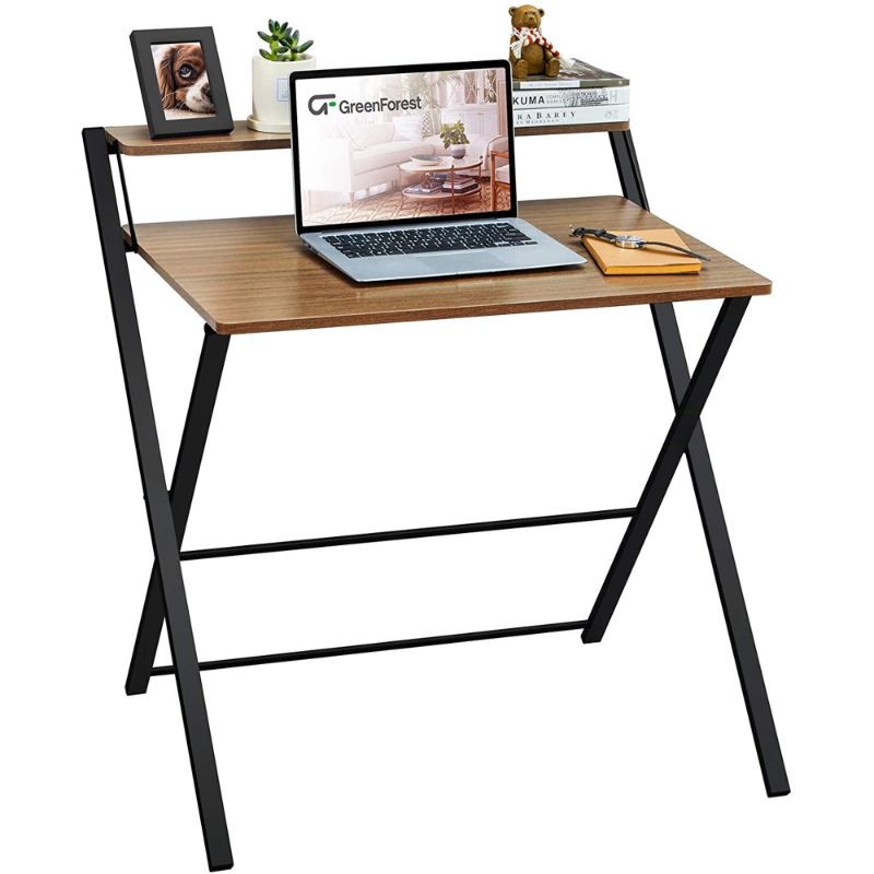 Photo 1 of GreenForest Folding Desk No Assembly Required, 2-Tier Small Computer Desk with Shelf Space Saving Foldable Table for Small Spaces, Espresso
