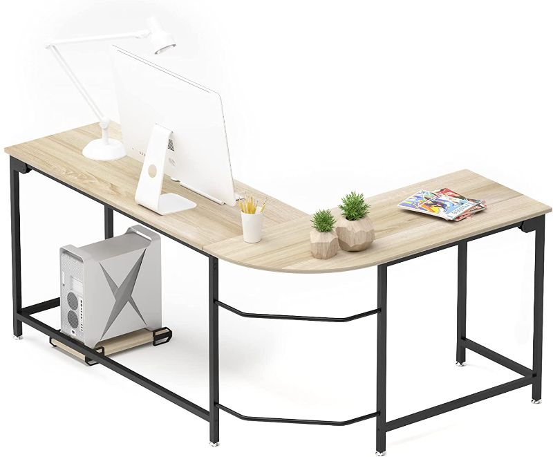 Photo 1 of Teraves Modern L-Shaped Desk Corner Computer Desk Home Office Study Workstation Wood & Steel PC Laptop Gaming Table,, Large Size - 66.14"(L) x 47.24"(D) x 29.52"(H), Bearing 450lbs.