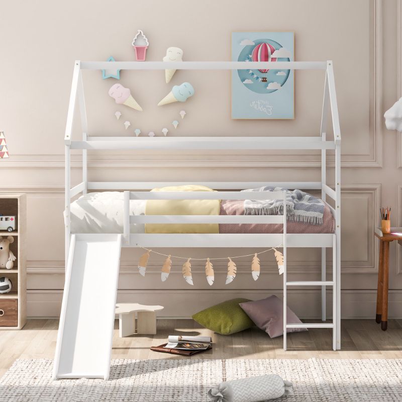 Photo 1 of INCOMPLETE - MASBEKTE Twin Size Wood Loft Bed with Slide, House Bed with Ladder, White - BOX 1 of 2 ONLY