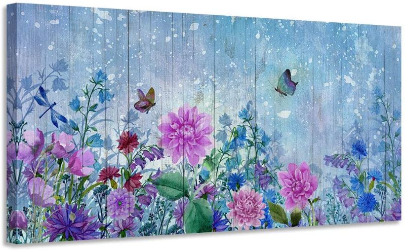 Photo 2 of Acocifi Blue Purple Canvas Wall Art Flowers Butterfly Picture Watercolor Painting Landcape Artwork Print Framed for Bathroom Living Room Dinning Room Bedroom Kitchen Office Home 40"x20"
