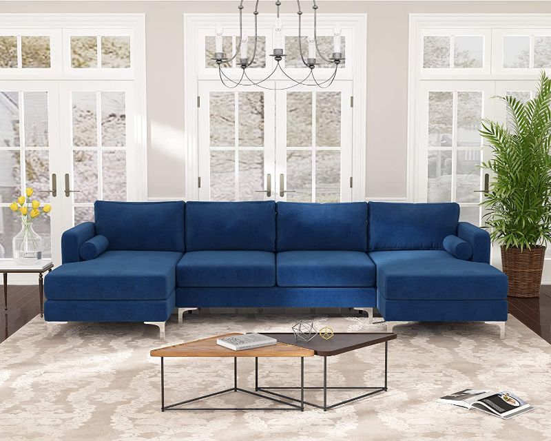 Photo 1 of **THIS IS AN INCOMPLETE SECTIONAL**
GAOPAN Modern Stylish Elegant Velvet Upholstered Sectional Sofa with Two Pillows, Home Villa Living Room Furniture Set U-Shape Symmetrical 4 Seaters Couch W/Double Wide Chaise Lounge,Blue
