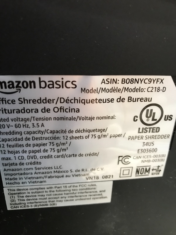 Photo 4 of ***PARTS ONLY*** Amazon Basics 12 Sheet Micro-Cut Paper,Credit card and CD Shredder for Office/Home
