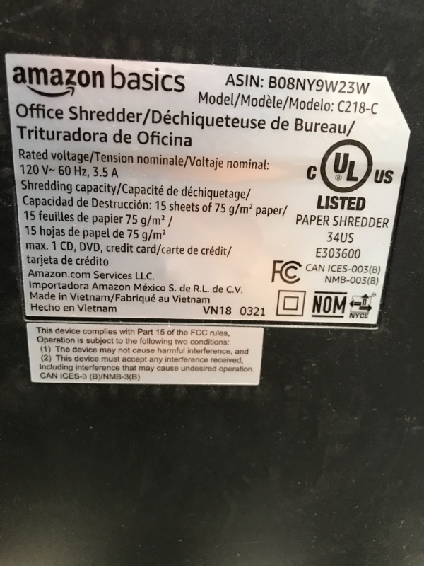 Photo 2 of ***PARTS ONLY*** Amazon Basics 12 Sheet Micro-Cut Paper,Credit card and CD Shredder for Office/Home
