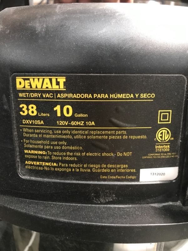 Photo 4 of ****PARTS ONLY**** DeWalt 38L/10 Gallon Stainless Steel Wet/Dry Vacuum

