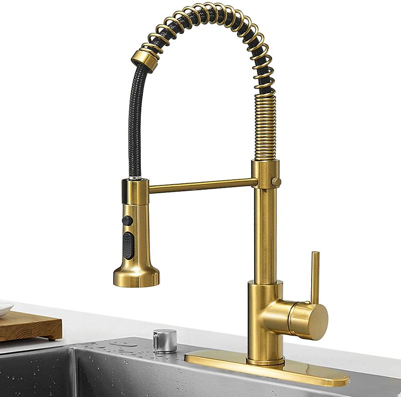 Photo 1 of  Brushed Gold High Arc Spring Kitchen Faucet with Pull Down Sprayer, Commercial Rv Single Lever Kitchen Sink Faucet ,3 Function Single Handle Laundry Faucet, Brass / Brushed Gold