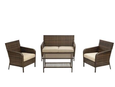 Photo 1 of 4-Piece Steel Outdoor Patio Wicker Conversation Set with Beige Cushions