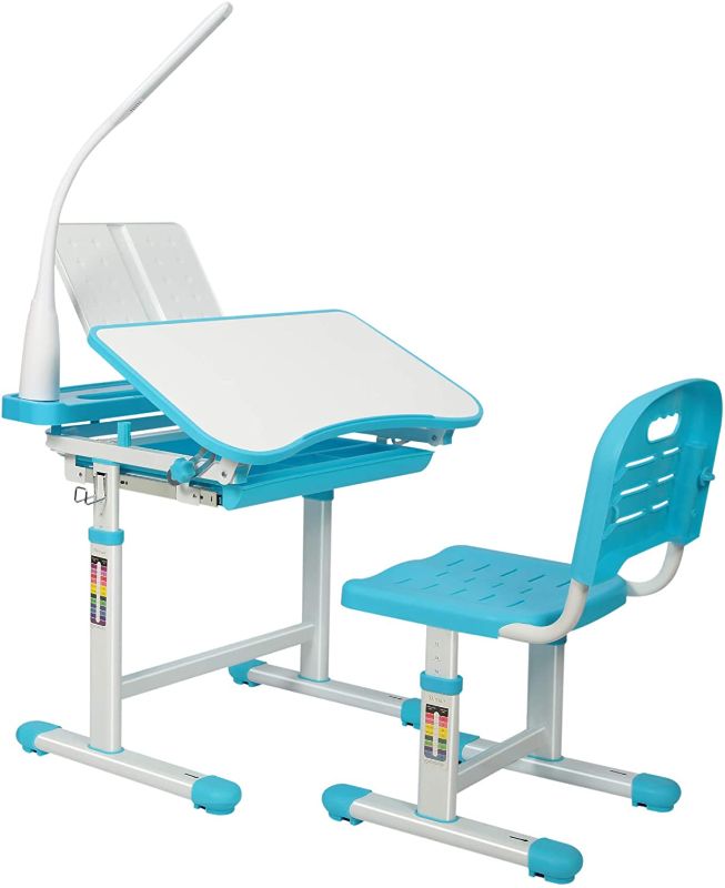 Photo 1 of  Kids Functional Desk and Chair Set, Height Adjustable Children School Study Desk with Tilt Desktop, Bookstand, LED Light, Metal Hook and Storage Drawer for Boys Girls (Blue)