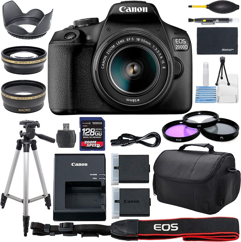 Photo 1 of Canon EOS 2000D / Rebel T7 DSLR Camera w/ 18-55mm F/3.5-5.6 Lens + 128GB Memory,Case, Tripod and More - AOM Pro Bundle Kit (22 PCS) - International Version