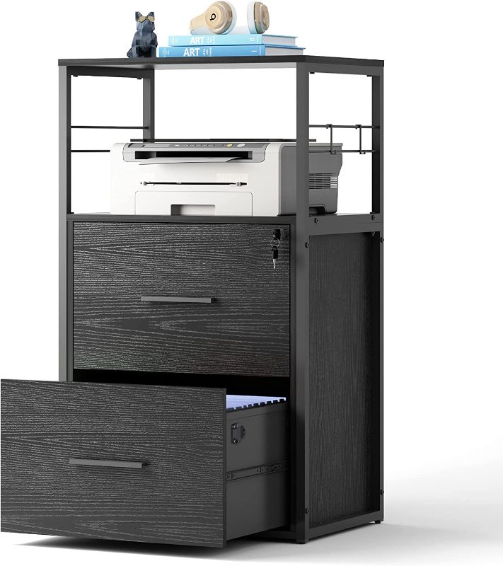 Photo 1 of DEVAISE 2 Drawer Lateral File Cabinet with Lock, Filing Cabinet fits Letter/Legal/A4 Size, Large Printer Stand with Storage Shelves for Home Office, Black