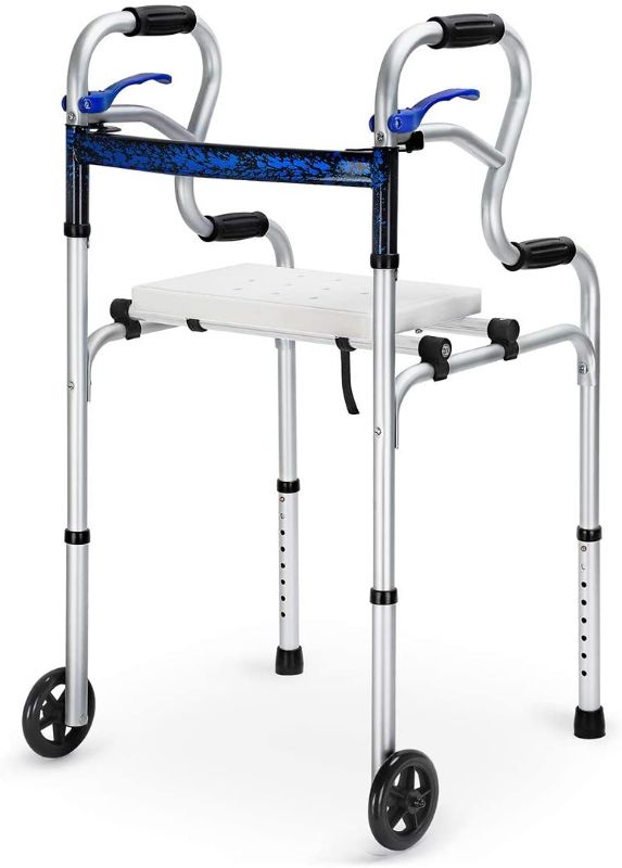 Photo 1 of Health Line Massage Products 4-in-1 Stand-Assist Folding Walker with Detachable Seat, Walking Mobility Aid with 5" Wheels 350lbs Capacity, Can be Used as Toilet Safety Rail, Compact & Portable, Blue
