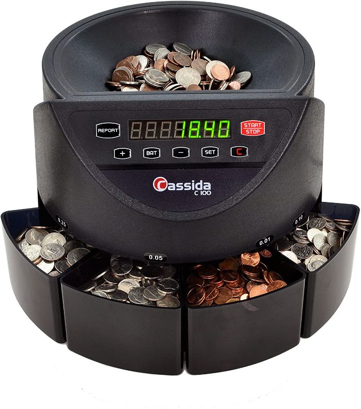 Photo 1 of Cassida C100 Electronic Coin Sorter/Counter, Countable coins 1¢, 5¢, 10¢, 25¢, 250 coins/min, 110 VAC

