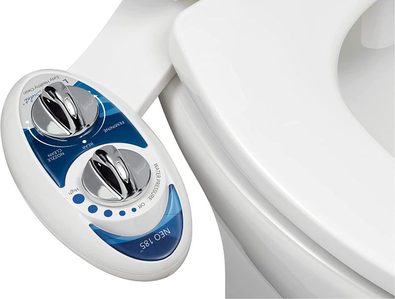 Photo 1 of LUXE Bidet Neo 185 (Elite) Non-Electric Bidet Toilet Attachment w/ Self-cleaning Dual Nozzle and Easy Water Pressure Adjustment for Sanitary and Feminine Wash (Blue and White) 13.5 x 7 x 3 inches
